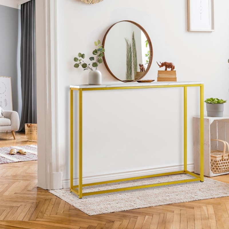 Console Table Marble-look Iron Gold&White