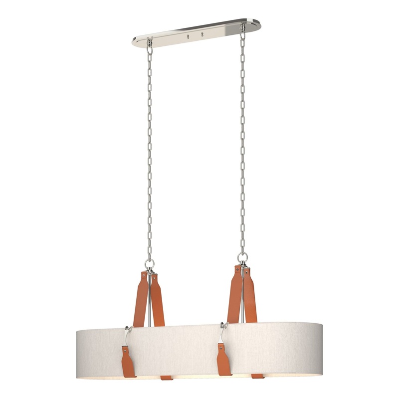 Saratoga Oval Pendant Polished Nickel Chestnut Leather Flax Shade (SE)