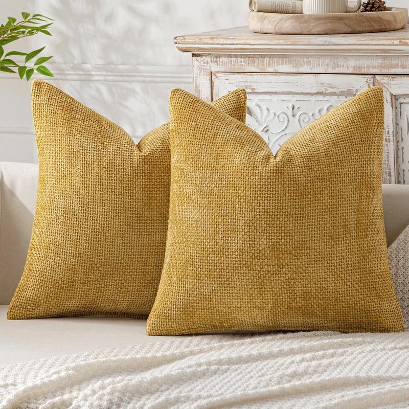 Yellow Plush Chenille Cushion Covers Set of 2 – Soft Textured Decorative Throw Pillow Cases for Sofa Couch, 45x45cm