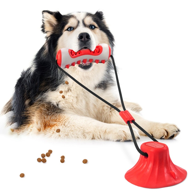 Red Interactive Dog Suction Cup Tug Toy – Durable TPR Chew & Treat Dispenser for Teeth Cleaning & Solo Play