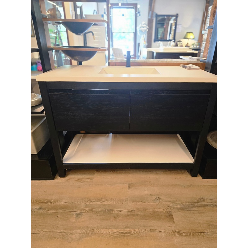 Native Trails 48″ Solace Vanity in Midnight Oak with Pearl Shelf, Matte Black Riobel Faucet, and Matching Pearl Top (Showroom Display)
