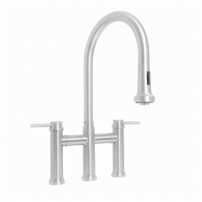 Waterhaus Lead-Free Solid Stainless Steel Bridge Faucet with a Gooseneck Swivel Spout, Pull Down Spray Head and Solid Lever Handles