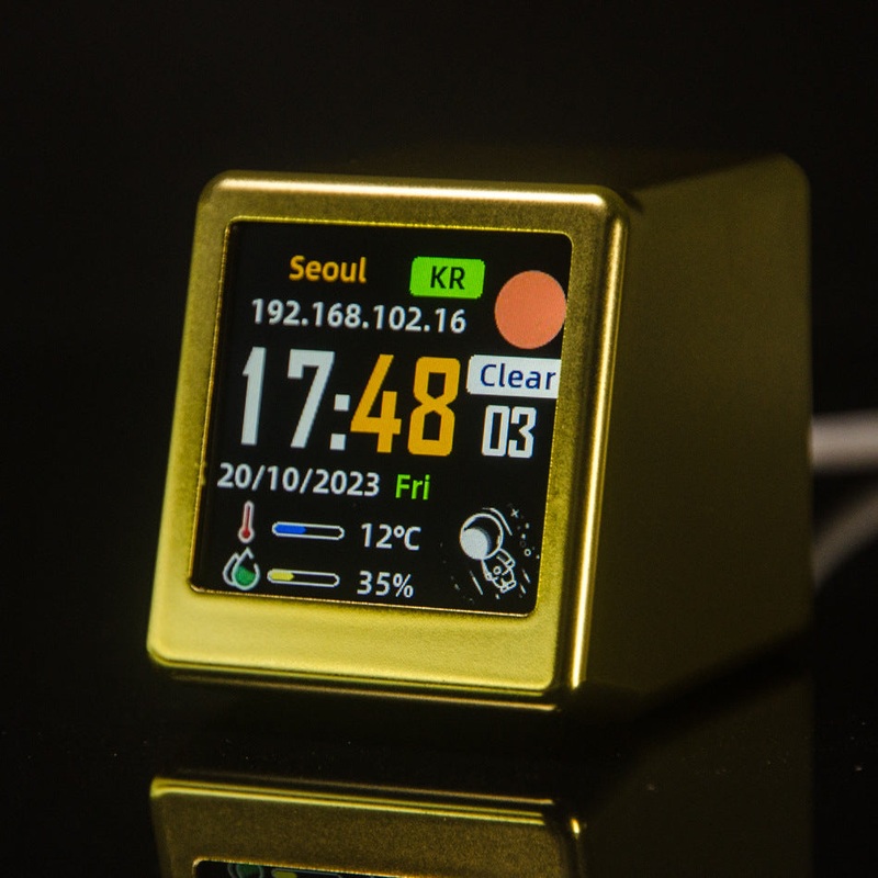 2pc Mini Smart Wi-Fi Weather Station Clock – Desktop Digital Clock with HD IPS Screen, Customizable GIF Display & 3-Day Forecast(Gold)