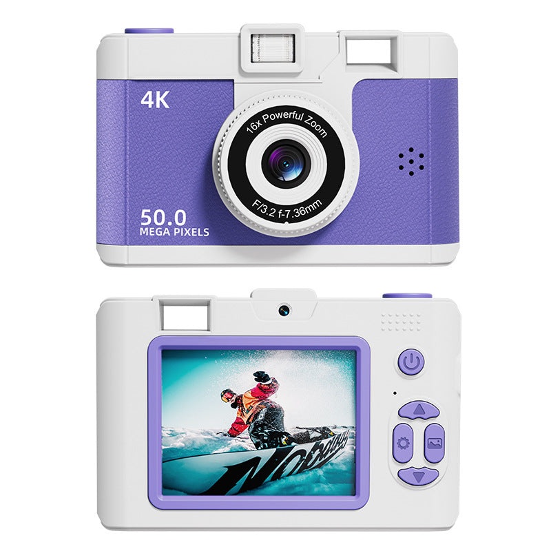 Compact 4K Digital Camera – 50MP, 16x Zoom, 2.4-inch IPS Screen, WiFi & Fill Light – Retro CCD Style(Purple)
