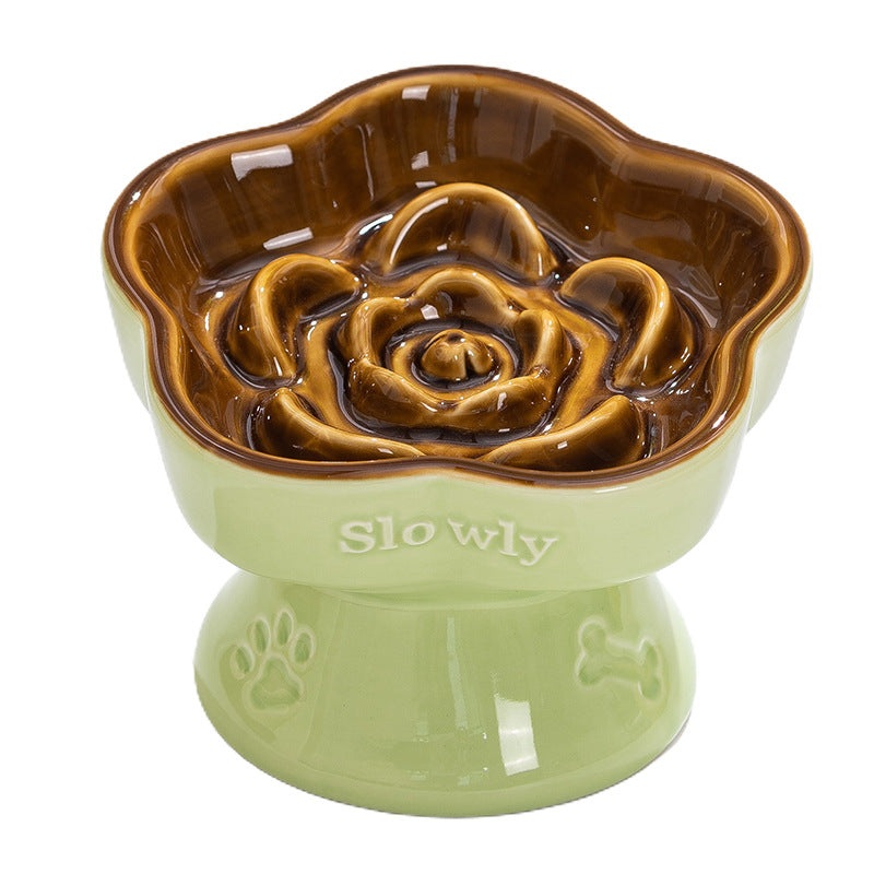 Green and Brown Ceramic Slow Feeder Pet Bowl for Cats and Small Dogs – Anti-Choke Elevated Design with 15-Degree Tilted Rim
