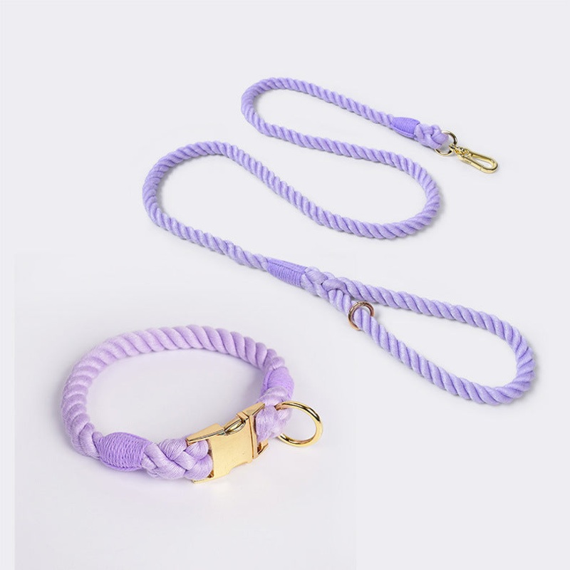 Handmade Rope Dog Collar and Leash Set – Colorful Woven Cotton Cotton (Purple – Size M)