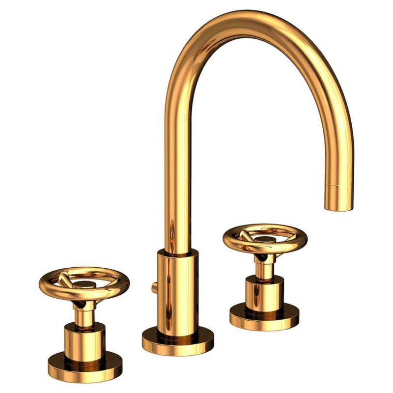 Lavatory Faucet Slater Widespread 8 to 20 Inch Spread 2 Wheel Polished Gold PVD 1.2 Gallons per Minute Brass Spout Height 6 Inch