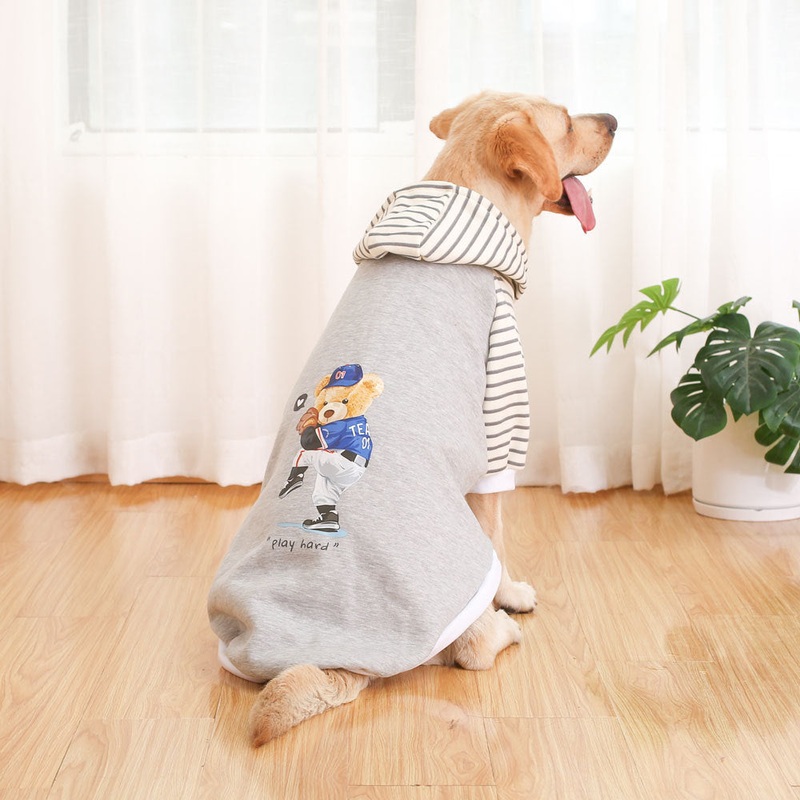 Autumn/Winter Dog Clothes – Grey Hoodie with Striped Hood & Baseball Bear (Size – XL)