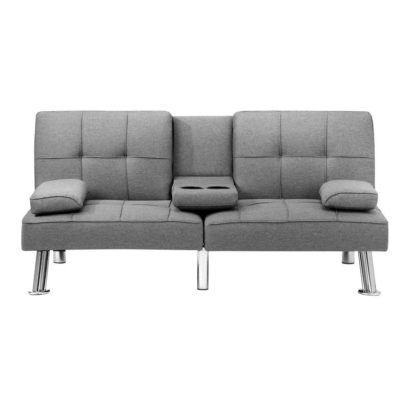 3 Seater Sofa Bed with Cup Holders Grey Fabric