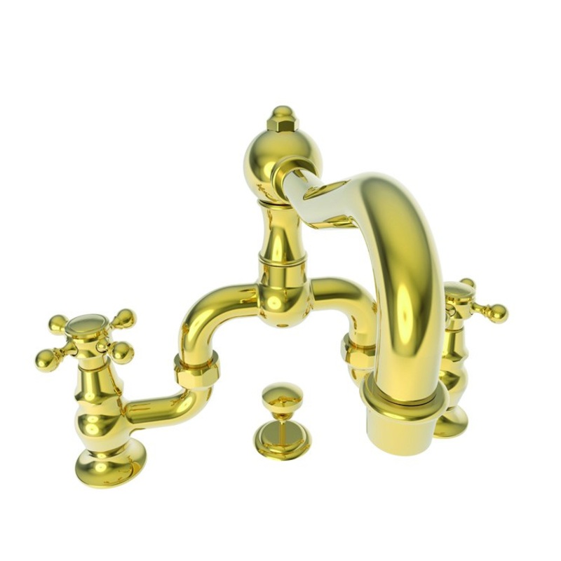 Lavatory Faucet Chesterfield Bridge 8 to 9-5/8 Inch Spread 2 Cross ADA Watersense Polished Gold PVD 1.2 Gallons Per Minute Brass Pop-Up with Tailpiece Spout Reach 7-1/5 Inch