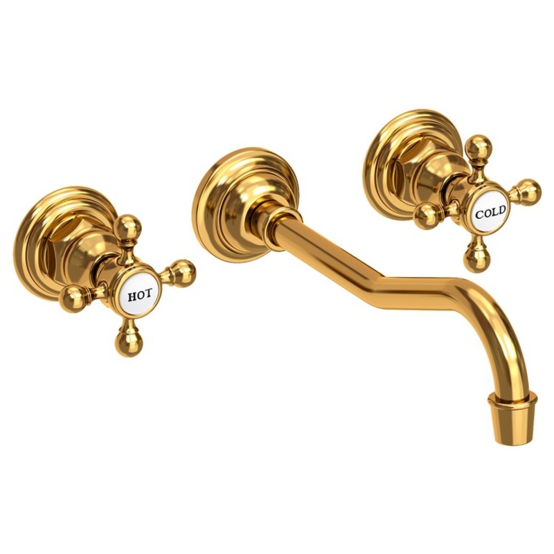 Lavatory Faucet Chesterfield Wall Mount 8 Inch Spread 2 Cross ADA WaterSense Aged Brass 1.2 Gallons Per Minute Brass Less Drain Spout Reach 9-3/4 Inch
