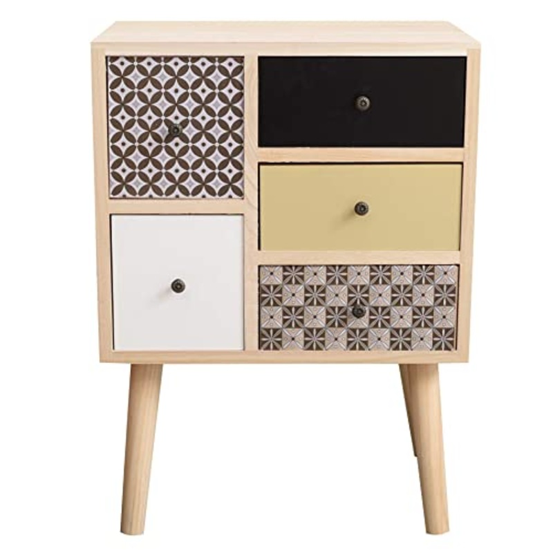 Rebecca Mobili Comodino con 5 cassetti, cassettiera marrone grigio beige nero, legno paulownia mdf, stile moderno, camera bagno – Misure 60 x 45 x 30 cm (HxLxP) – Art. RE6291