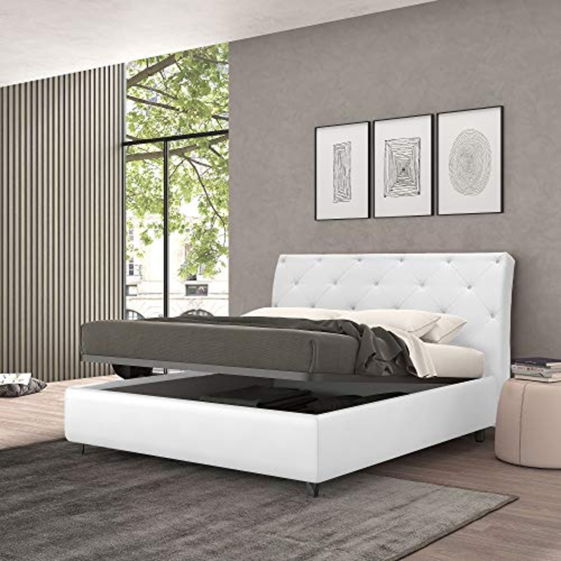 Talamo Italia Letto contenitore matrimoniale Strauss, Made in Italy, Struttura in ecopelle imbottita, Adatto a materasso 160×190 cm, Bianco