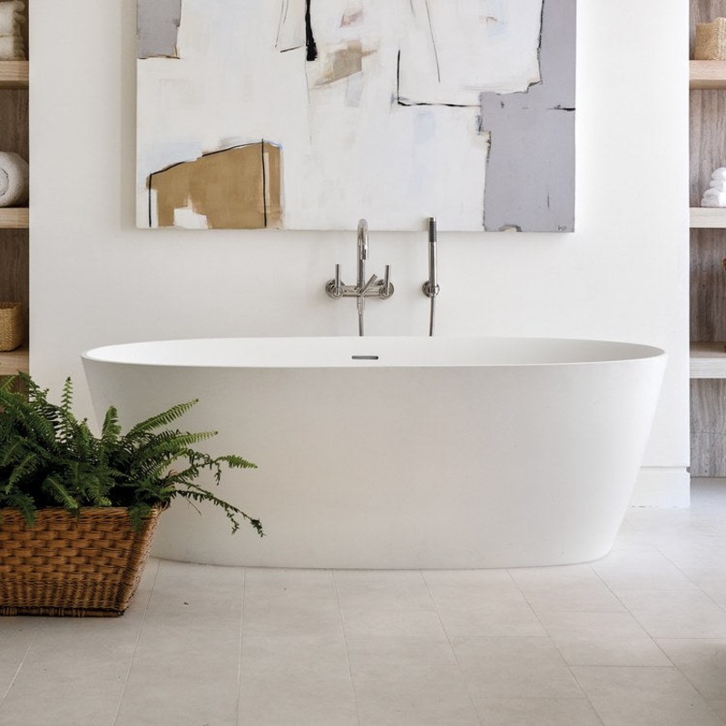 Air Tub Elena 65 x 32 Inch Freestanding Air Bath Half Rolled Rim Center White Matte Oval Sculpturestone 102 Gallons 22-1/2 Inch