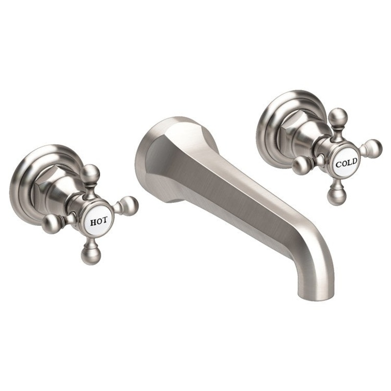 Lavatory Faucet Astor Wall Mount 8 Inch Spread 2 Cross ADA Watersense Satin Nickel PVD 1.2 Gallons Per Minute Brass Less Drain Spout Reach 7-1/2 Inch