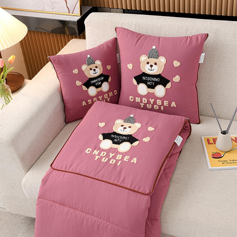 Pink Cap Bear 2-in-1 Foldable Car Pillow Blanket – Cozy 40x40cm Pillow, Unfolds to 100x150cm Blanket for Travel and Office Naps