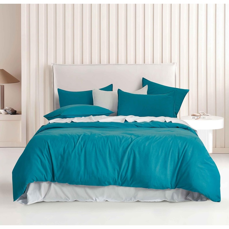 Vintage Washed Microfibre Quilt Cover Set (Teal, Queen)