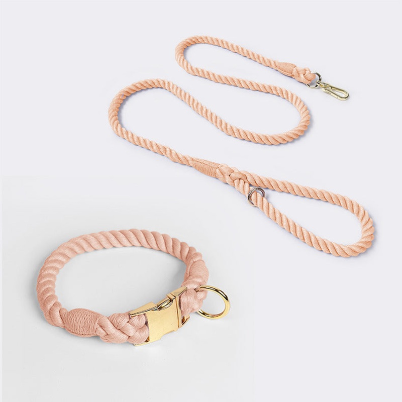Handmade Rope Dog Collar and Leash Set – Colorful Woven Cotton Cotton (Leather pink – Size S)