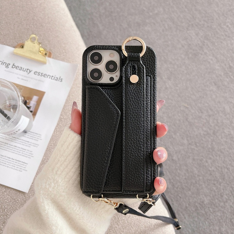 Black Chic PU Leather Crossbody Wallet Case for iPhone 16 Pro Max – Card Holder with Detachable Strap & Finger Ring Grip