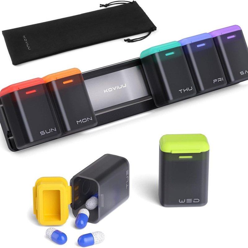 Black + Multicolor Cover Weekly Pill Organizer 1-Time-a-Day – Large Capacity Magnetic Closure Pill Box (246 x 49 x 23 mm)