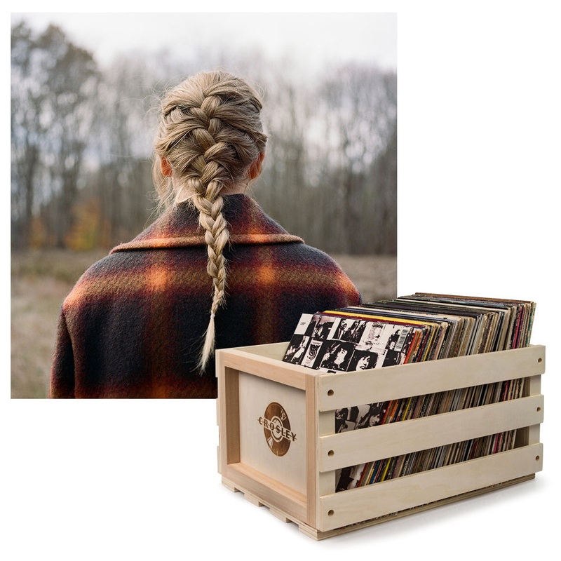 Crosley Record Storage Crate & Taylor Swift – Evermore – Double Vinyl Album Bundle