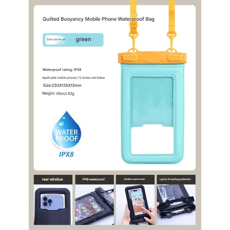 IPX8 Waterproof Phone Pouch with Inflatable Floating Layer,Touchscreen Dry Bag for Swimming(green)