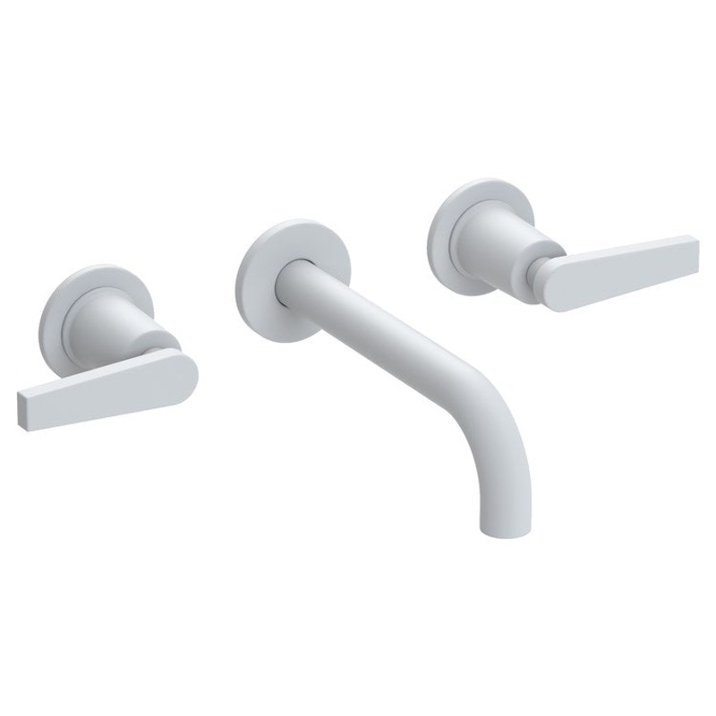 Lavatory Faucet Dorrance Wall Mount 8 Inch Spread 2 Lever ADA Watersense Matte White 1.2 Gallons Per Minute Brass Less Drain Spout Reach 7-1/9 Inch