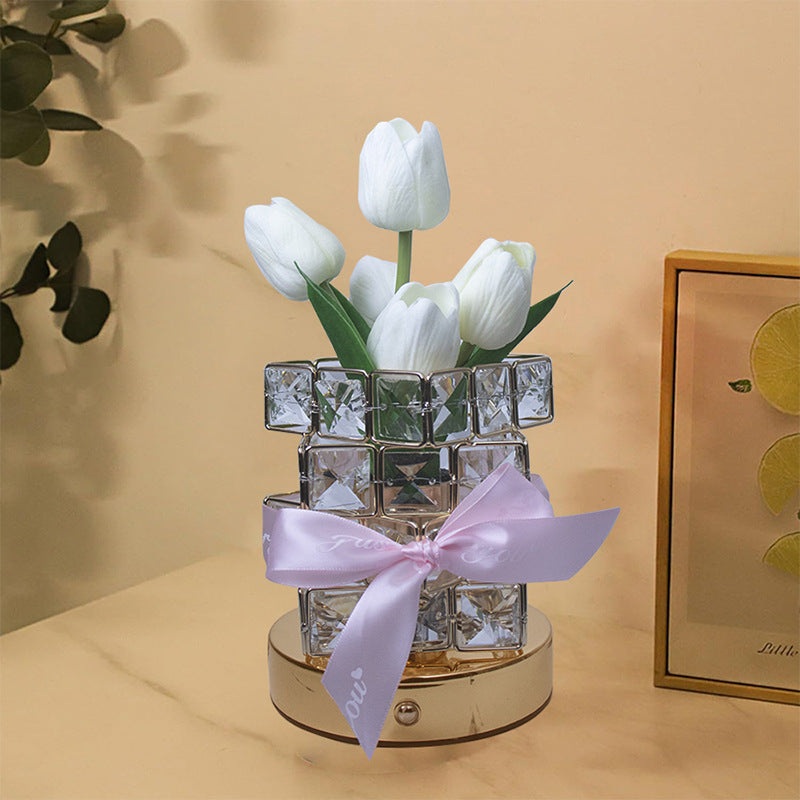 White tulips LED Crystal Flower Table Lamp – USB Rechargeable Touch Control Night Light