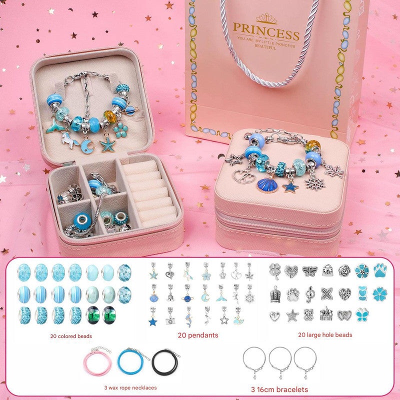 Blue Kids DIY Beaded Bracelet Set – Creative Jewelry Making Kit with Princess Gift Box and Display Stand