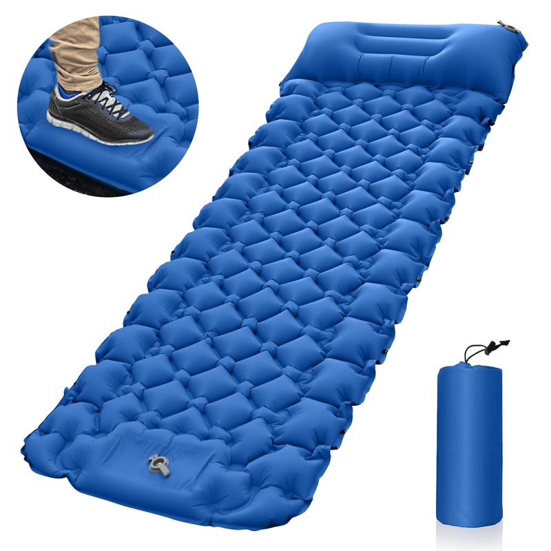 Blue Portable Outdoor Inflatable Mat – Foot-Operated Camping Sleeping Pad