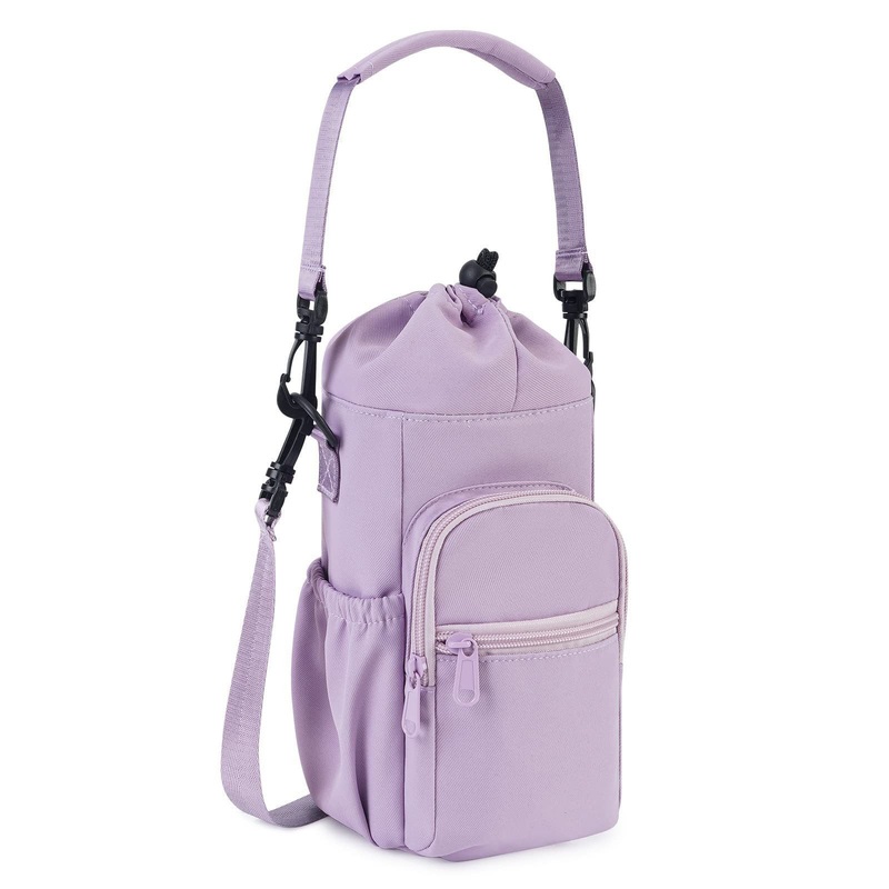 Purple Insulated Cup Holder Bag with Adjustable Strap – Water Bottle Carrier with Lock Drawstring & Heatproof Handle