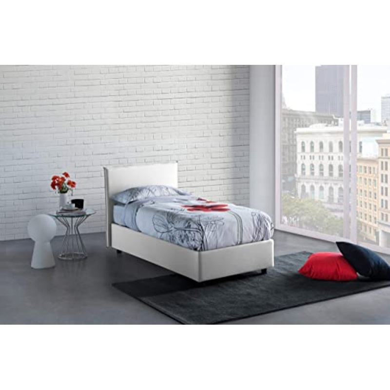 Talamo Italia Letto contenitore Singolo Anna, Made in Italy, Letto con rivestimento in tessuto, Apertura frontale, con materasso cm 80×190 incluso, Bianco