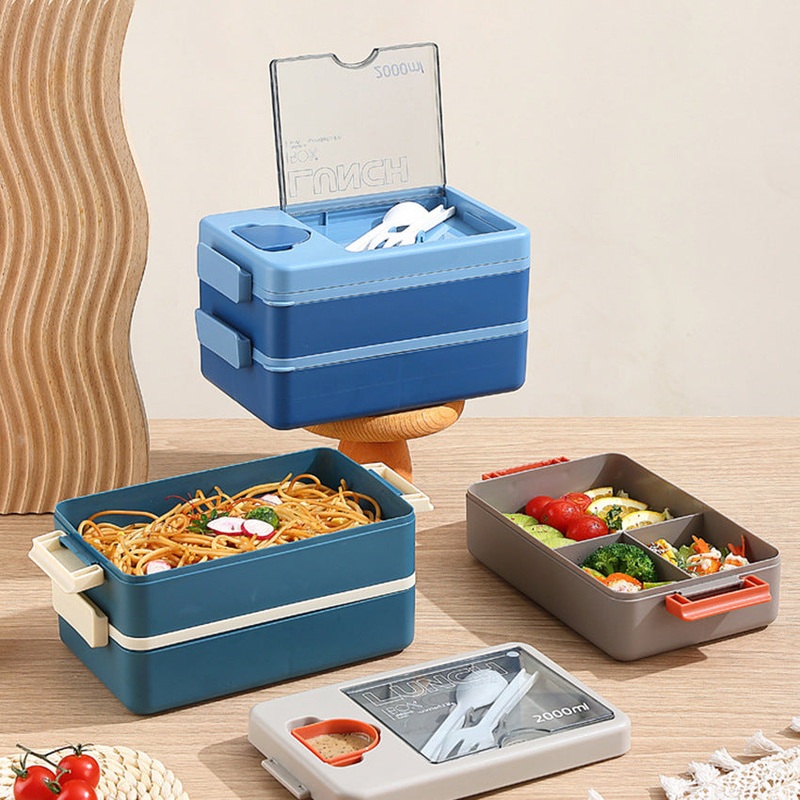 2L Double-Layer Bento Lunch Box – Leak-Proof with Utensil & Sauce Container(Blue Purple)