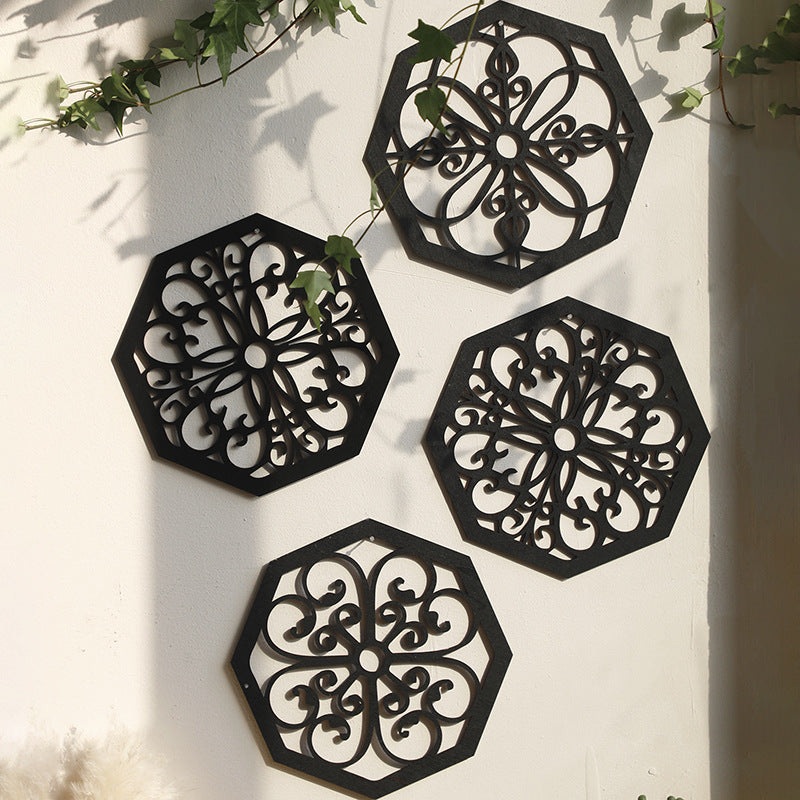 Black Set of 4 Intricate Wooden Octagonal Wall Art – European Style Mandala Decor Plaques