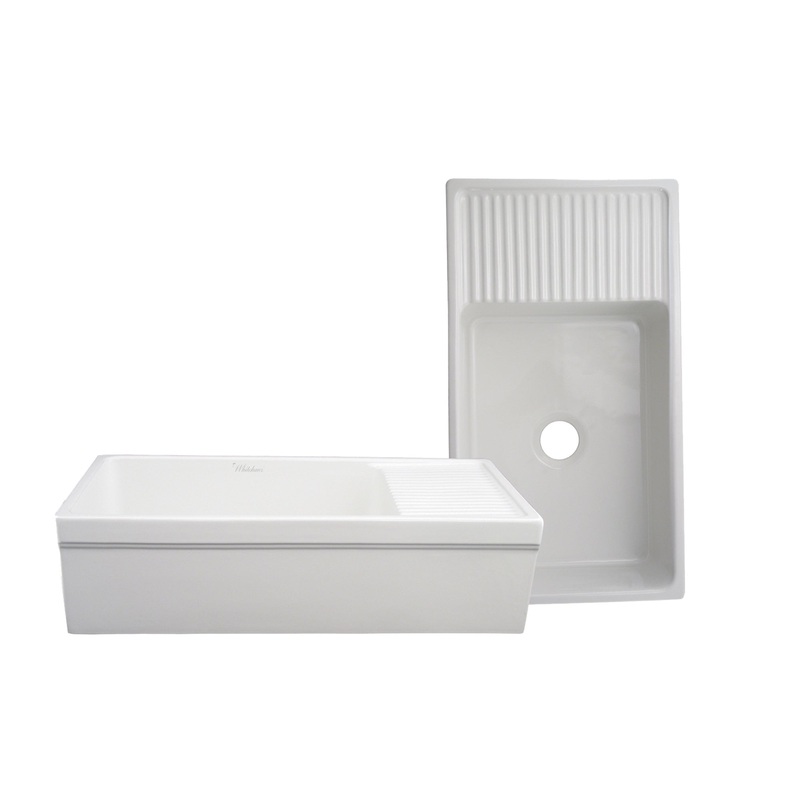Farmhaus Fireclay Quatro Alcove Large Reversible Sink with Integral Drainboard and Decorative 2 ” Lip on Both Sides