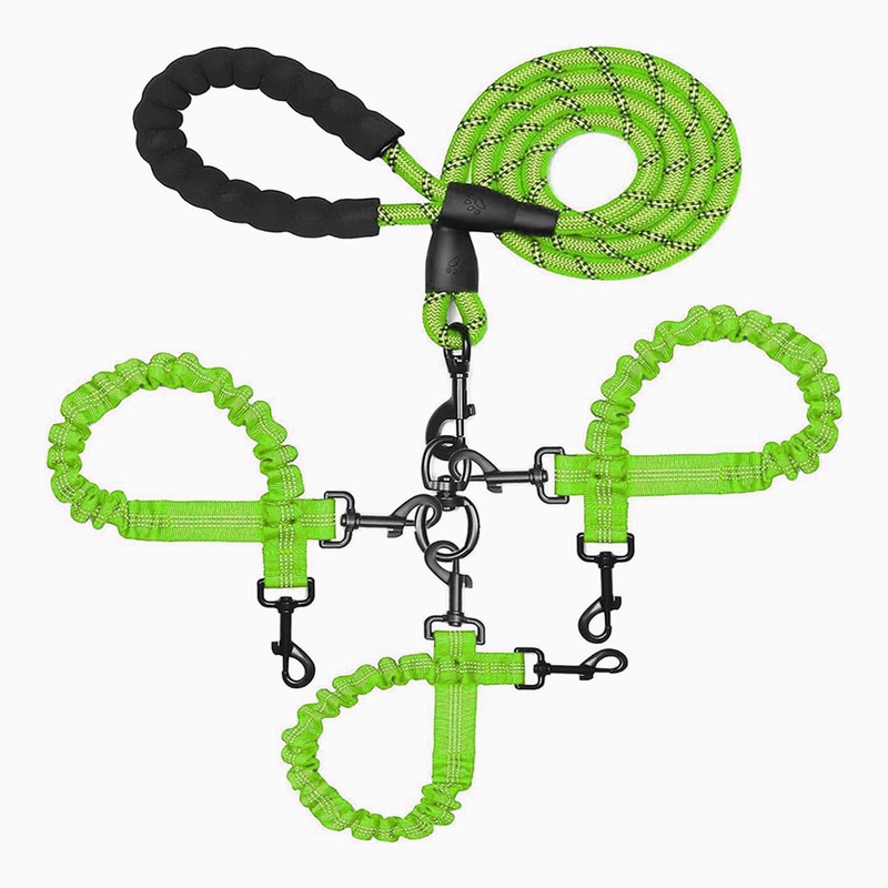 Green 3-in-1 Tangle-Free Dog Leash for 1-3 Dogs – Heavy Duty Bungee Coupler with Reflective Stitching & Padded Handle