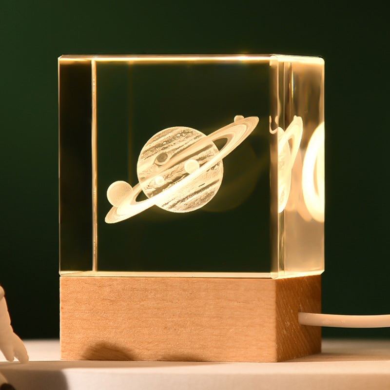 Saturn Luminous 3D Crystal Cube Night Light – Laser Engraved Artwork with Solid Wood Base