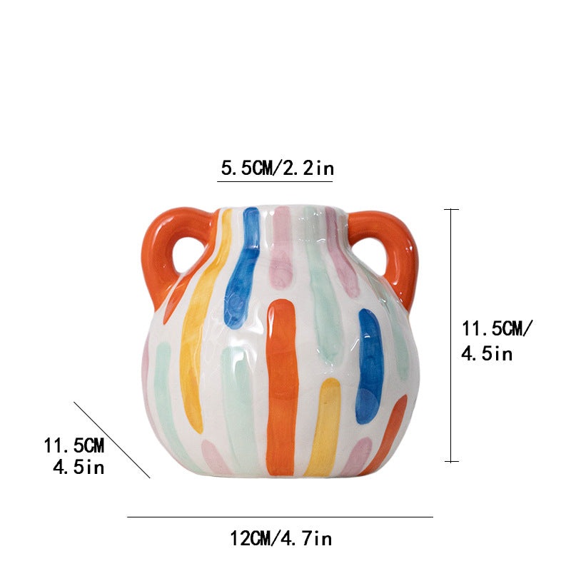 Colorful Artistic Hand-Painted Ceramic Vase – Dual Handle Pot Style – Colourful Striped Home Decor Accent