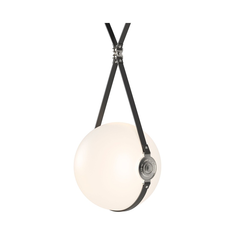 Derby Large LED Pendant Black Polished Nickel with Black Leather Hubbardton Forge Branded Plate