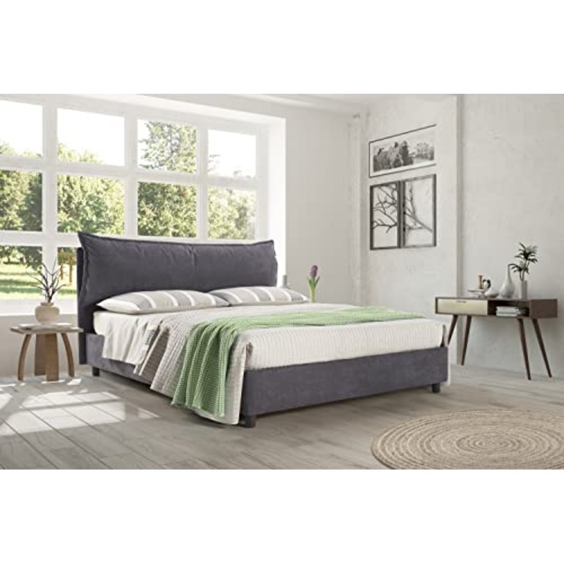 EVERGREENWEB Letto Matrimoniale con Box Contenitore + Materasso Matrimoniale + Coppia Cuscini Memory Foam Inclusi + Rete a Doghe in Legno, Elegante Testiera in Tessuto Grigio Imbottito, MOD. Ever