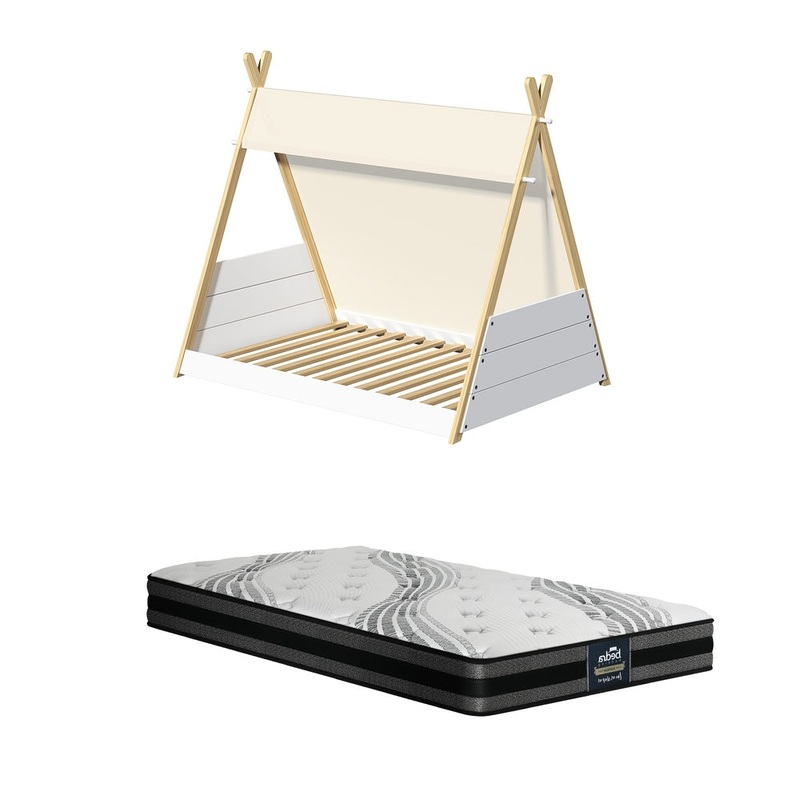 Oikiture Kids Bed Frame and Mattress Single House Teepee Triangle Beds