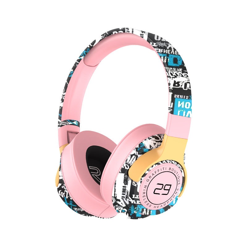 Trendy Graffiti Wireless Over-Ear Headphones – Bluetooth 5.1, HIFI 360 Surround Sound, 12H Playtime, Low Latency(pink)