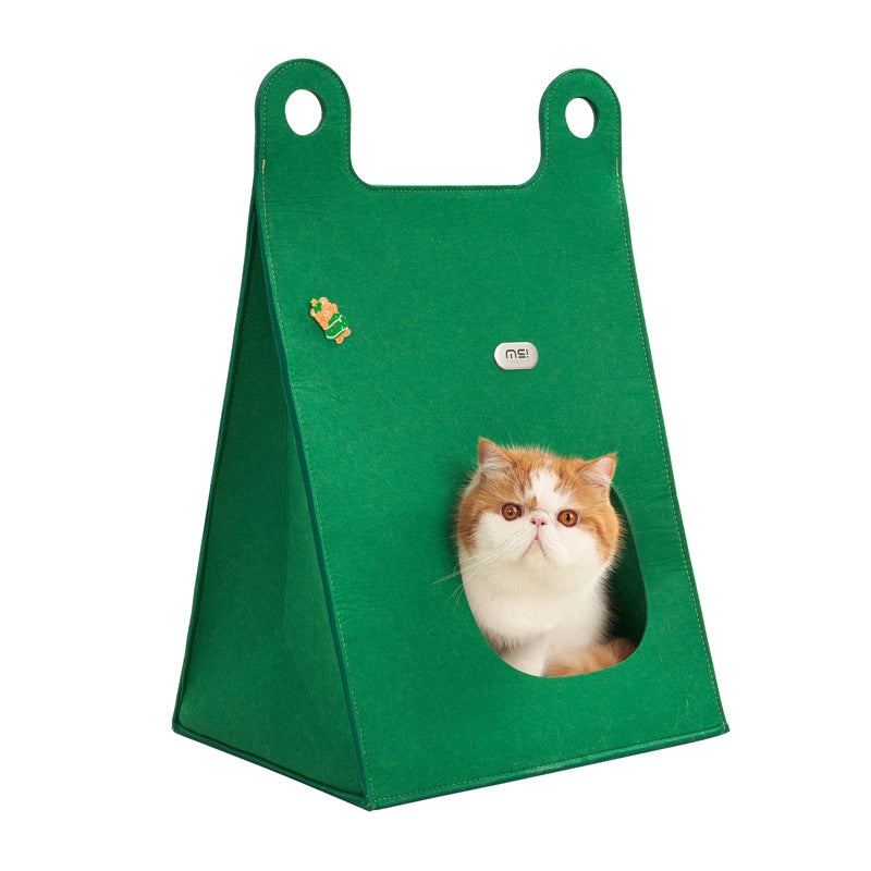 Green Cozy A-Frame Felt Pet Teepee – Foldable & Portable Cat Cave Bed with Easy Carry Handle