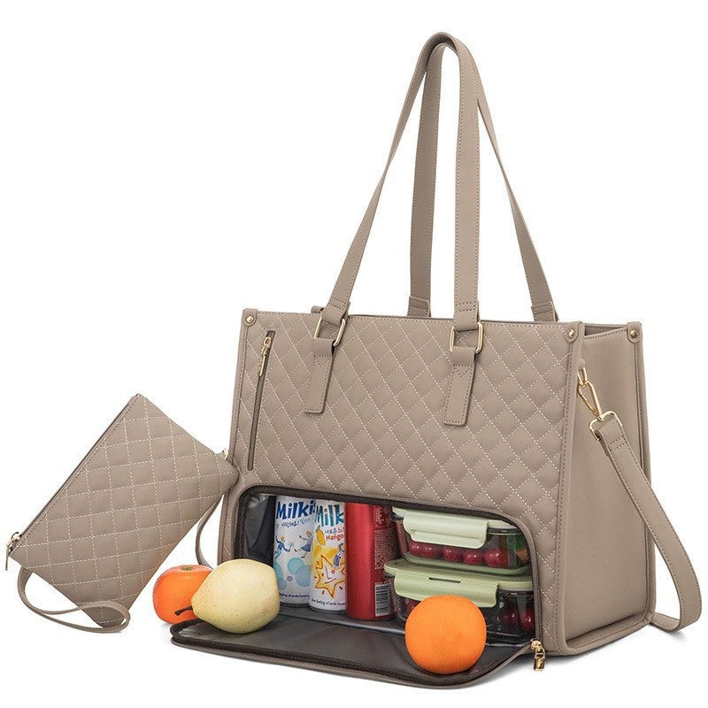 Stylish Quilted Laptop & Lunch Tote Bag , Water-Resistant with Insulated Compartment & Clutch(Khaki)