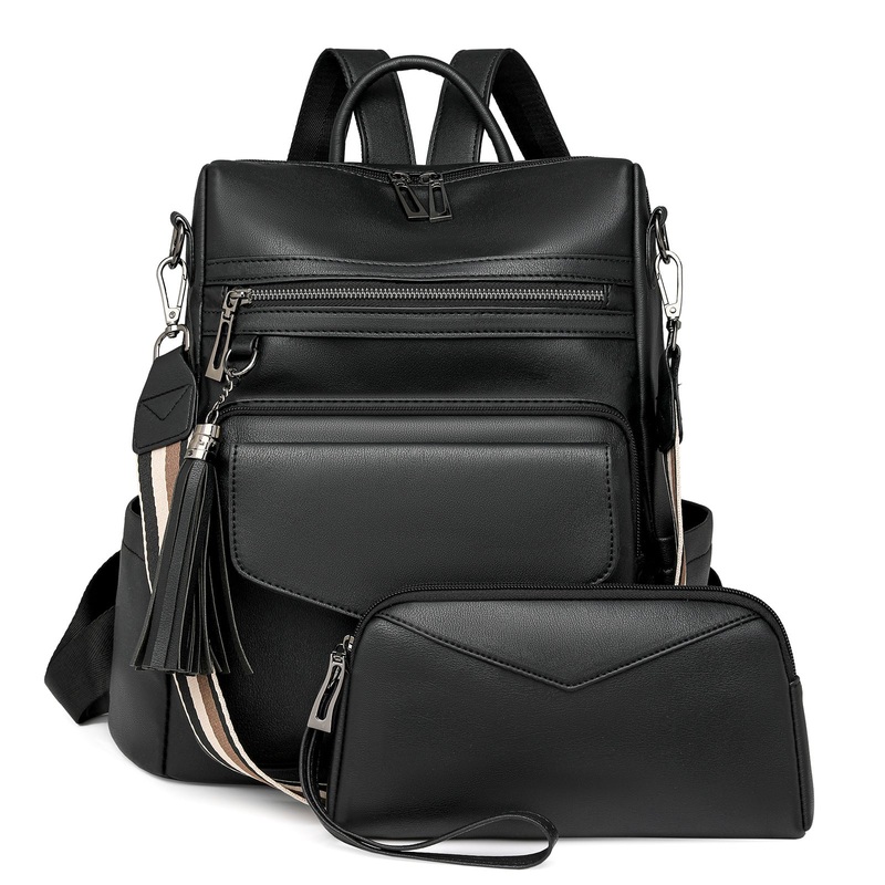 Black Women’s Retro PU Leather Backpack – Dual-Color Tassel Design, Winter High-End Style