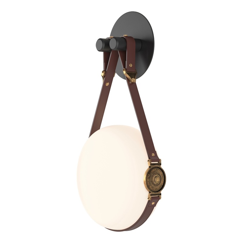 Derby LED Sconce Black Antique Brass with British Brown Leather Hubbardton Forge Branded Plate