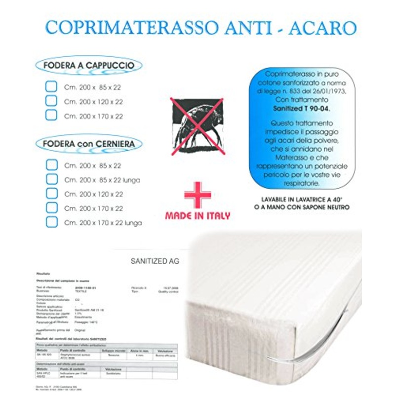 Euroricami Viterbo Coprimaterasso ANTIACARO con Cerniera Zip a Sacco Matrimoniale 2 Piazze traversa Puro Cotone