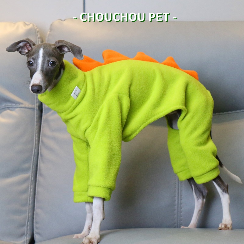 L Adorable Dinosaur Fleece Dog Jumpsuit – Warm Winter Pajamas for Whippets & Italian Greyhounds