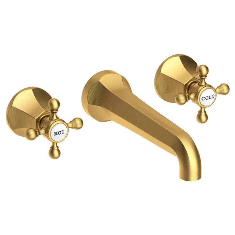 Lavatory Faucet Metropole Wall Mount 8 Inch Spread 2 Cross ADA WaterSense Satin Bronze PVD 1.2 Gallons Per Minute Brass Less Drain Spout Reach 7-1/2 Inch