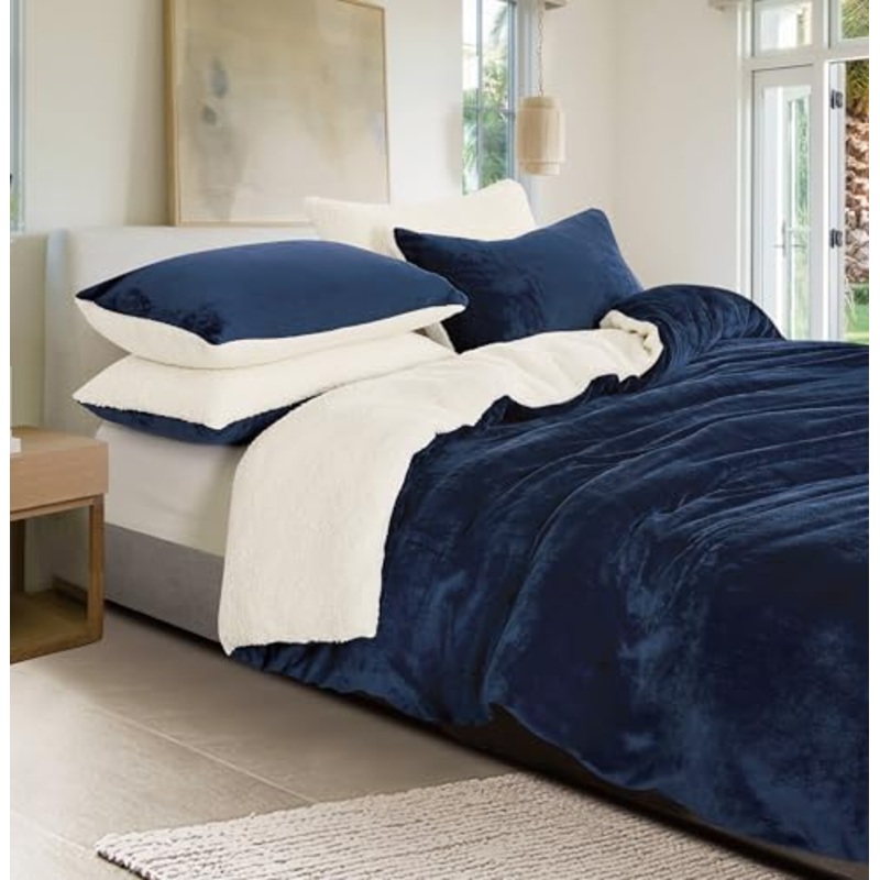 2-in-1 Teddy Sherpa Quilt Cover Set (Navy Blue, King)